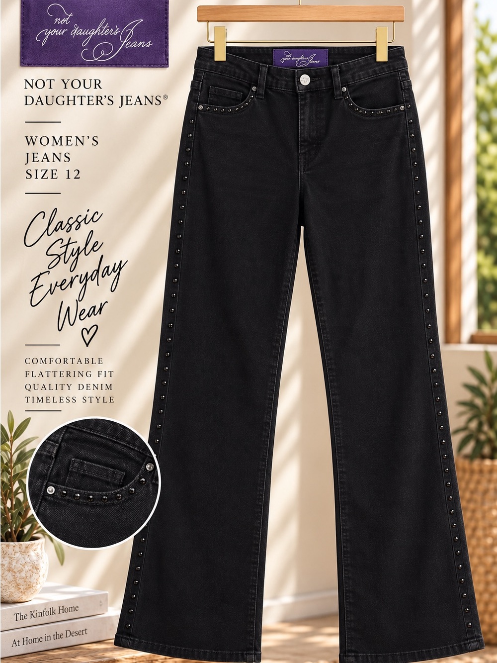 NYDJ Black Wide-Leg Jeans with Side Stud Trim